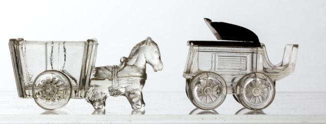 (2) CANDY CONTAINERS OF A HAY WAGON AND STAGE: Under 2 1/2 & 4 1/2 in.