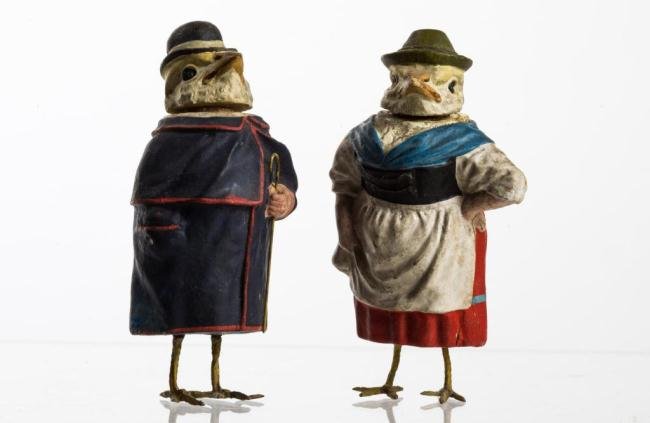 CARVED WOOD & PAPER MACHE BIRD-FORM CANDY CONTAINERS: Early 20th c. Height 4 1/2 inches