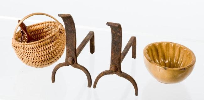 DOLL HOUSE FURNISHINGS ANDIRONS, BASKET AND MOLD: Circa 1900. Height under 5 inches