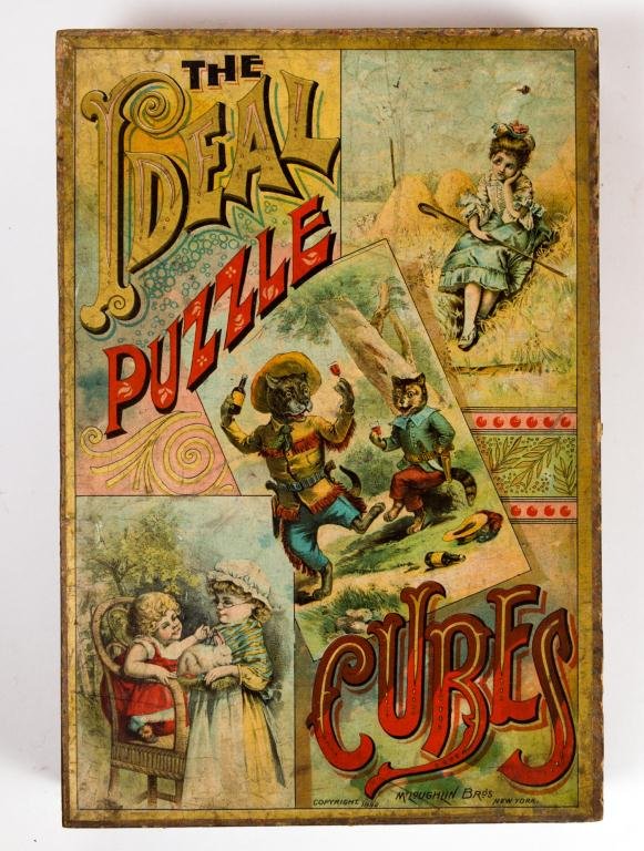 IDEAL PUZZLE CUBES TOY BY MCLOUGHLIN BROS. 1892: Puzzles depict a variety of children's themes and fairy tales. (24)Paperboard blocks are covered in colored lithographs. Original color lithograph covered wood and paperboard box. (24) Print solutions