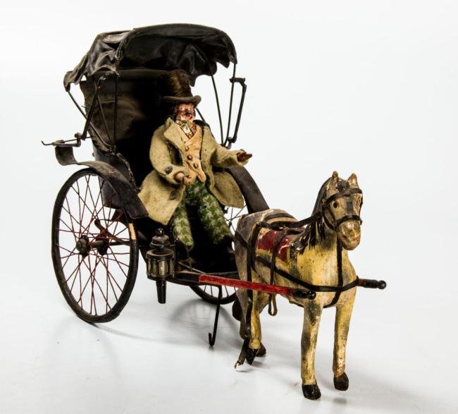 19th c. CARVED AND PAINTED CHAISE WITH HORSE AND DRIVER: Each and every element is hand made. From the driver's real beaver top hat, modeled face and hands, clothes, chaise, lanterns and carved & painted wooden horse. 10 1/2 x 15 inches