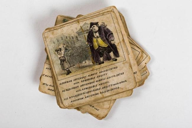 CHILDREN'S HAND COLORED ALLITERATIVE ABC POETRY CARDS: There are 19 cards present from the original 26. 3 1/2 x 3 1/4 inches