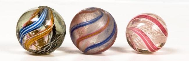 (3) HAND-MADE RIBBON CORE SWIRL MARBLES: Diameter under 1 inch