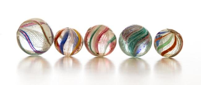(5) HAND-MADE RIBBON CORE SWIRL MARBLES: Diameter under 1 inch