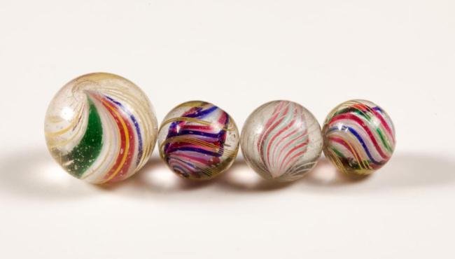 (4) HAND-MADE RIBBON CORE SWIRL MARBLES: Diameter under 1 inch