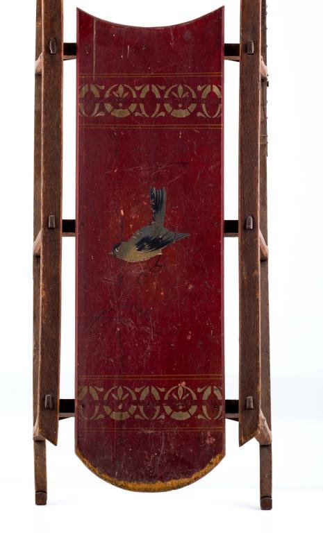 19th c.. RED SLED WITH CHICKADEE DECORATION: Length 32 inches