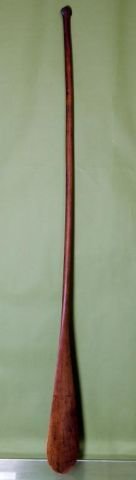 18th c NATIVE AMERICAN INDIAN TIGER MAPLE CANOE PADDLE: A rare and important find. Paddles of this length were use in a standing position. Length 88 inches