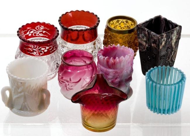 LOT OF (9) GLASS VOTIVES AND TOOTHPICK HOLDERS: Under 3 1/4 inches