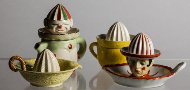 (2) FANCIFUL CERAMIC JUICERS TOGETHER W/ TWO OTHERS: Height 5 in. & under