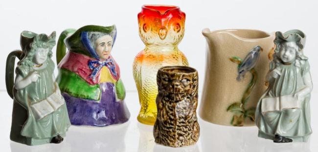 (5) FIGURAL CERAMIC CREAMERS AND (1) GLASS OWL: Height under 5 inches