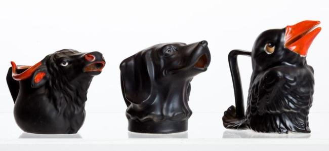 (3) CERAMIC CREAMERS OF A BULL, CROW & DOG: Height under 5 inches