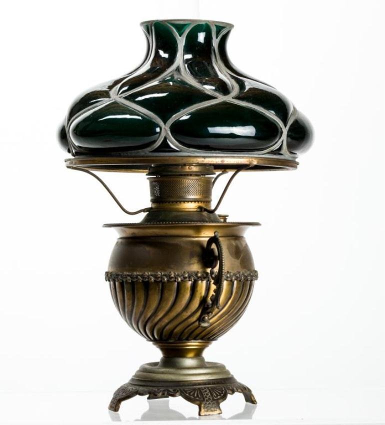 MILLER KEROSENE LAMP WITH TAM-O-SHANTER SHADE: Faux leaded forest green shade with acid etched interior. 10 inch fitter. Height 17 inches to top of shade.