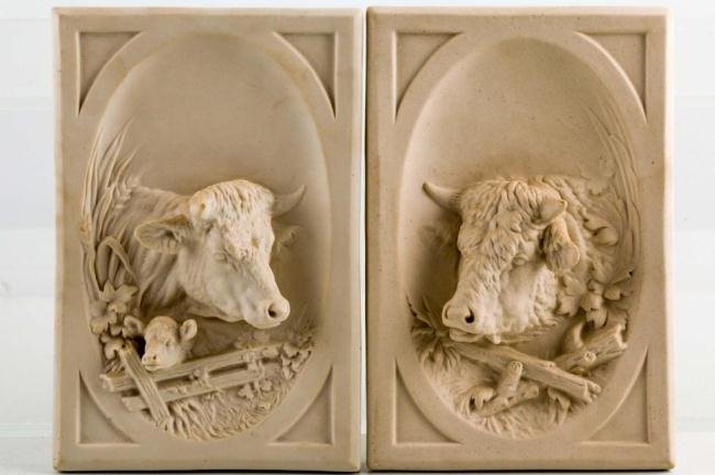 LATE 19th c. PARIAN PLAQUES WITH STEER, COW & LAMB: 9 X 6 inches each
