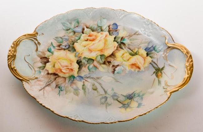 HAVILAND LIMOGES PLATTER: Hand painted with yellow roses, gold trim and handles signed ""Wood"". 18 1/4 x 14 1/2 inches