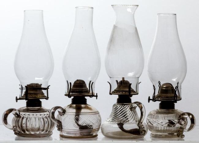 (4) BLOWN MOLDED FINGER LAMPS W/APPLIED HANDLES: In a variety of embossed fonts including ribbed argyle, twisted rib, lattice and wide ribbed. Under 3 1/2 inches