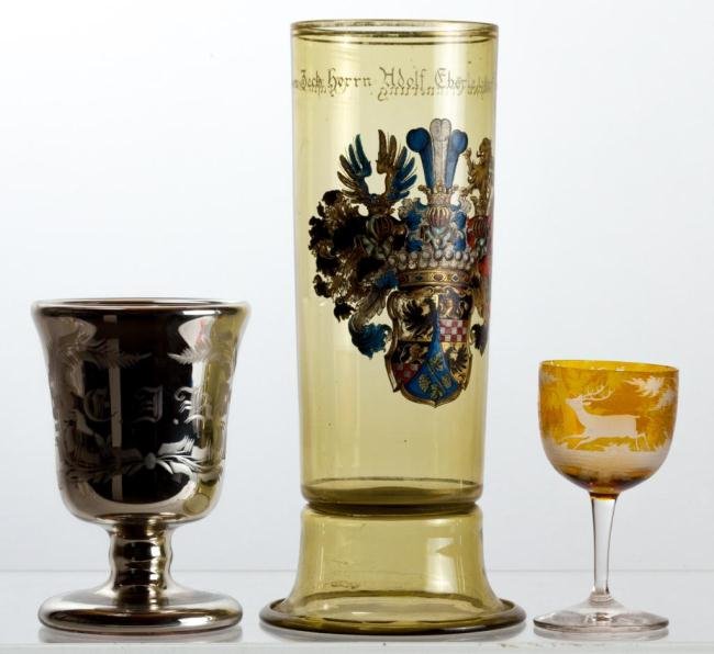 GERMAN ENAMELED BEAKER, MERCURY VASE & WINE: Height under 11 in.