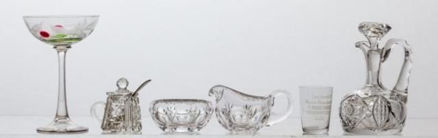 (6)GLASS PIECES WITH CRUET, CREAMER & SUGAR, SALT: Height under 6 1/2 in.
