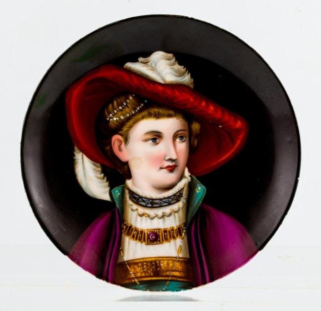 PORCELAIN PLATE WITH PAINTING A YOUNG WOMAN: 6 1/2 inches
