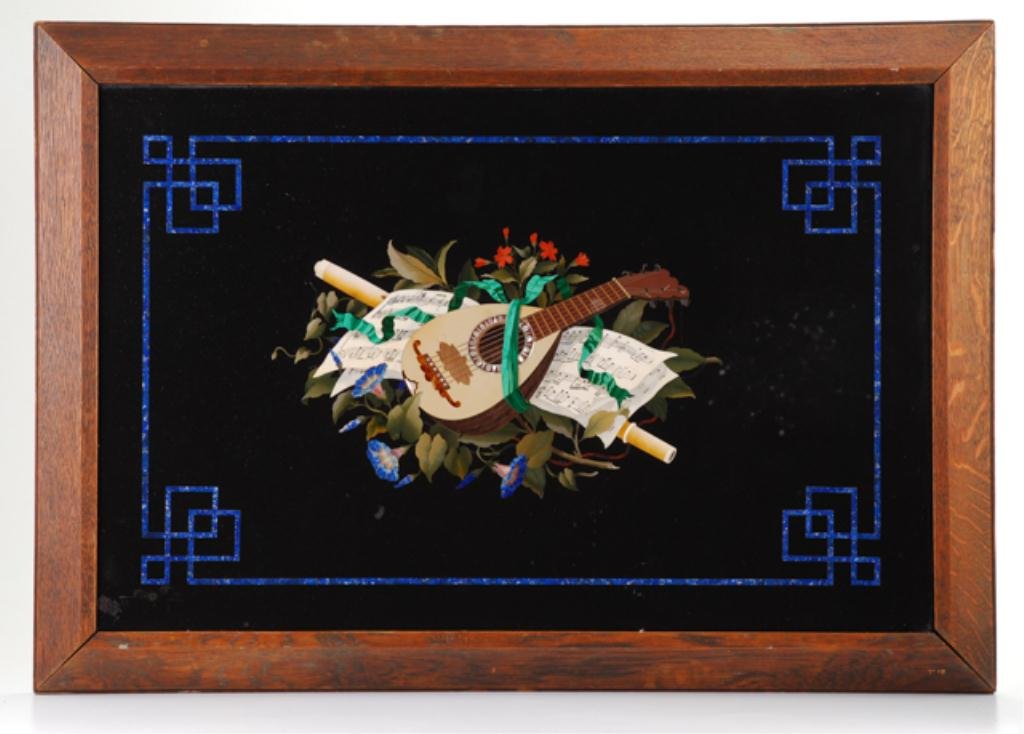 Large Pietra Dura Framed Plaque: Beautifully executed with lute, flute and sheet music resting on a bed of morning glories within a blue geometric surround. Framed. 20 x 30 inches. Condition: Good