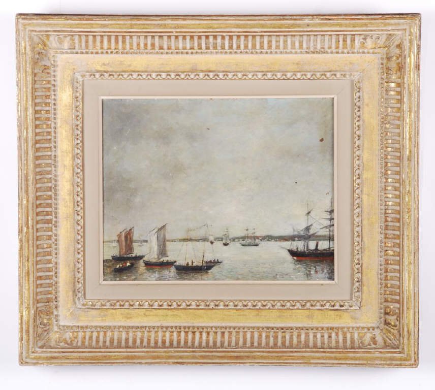 (19th c.) British School c.1850: "Busy Harbor" oil on board 8 x 10 inches. framed. unsigned. Condition: Good, very minor paint loss, varnish discoloration.