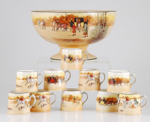 Royal Doulton Punch Bowl Set with Fox Hunt Theme: Including: 12 1/2 inch diameter punch bowl with hand painted coaching theme together with (10) cups hand painted with a variety of equine related subjects such as coaching, fox hunting etc. Condition: