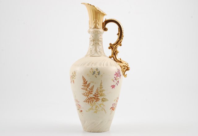 Royal Worcester Rudolstadt Germany Ewer: Hand painted with floral decorations, gold handle with lion. height 16 inches. Condition: Good, surface grime