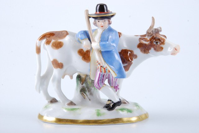 (18th c.) Meissen Farmer with a Cow: Circa 1750, inscribed 2628, stamped 50 and numbered 50. painter 16 – Carl Bushbeck. Height 3 inches. . Condition: (1) Horn broken and absent Size: Height 3 in