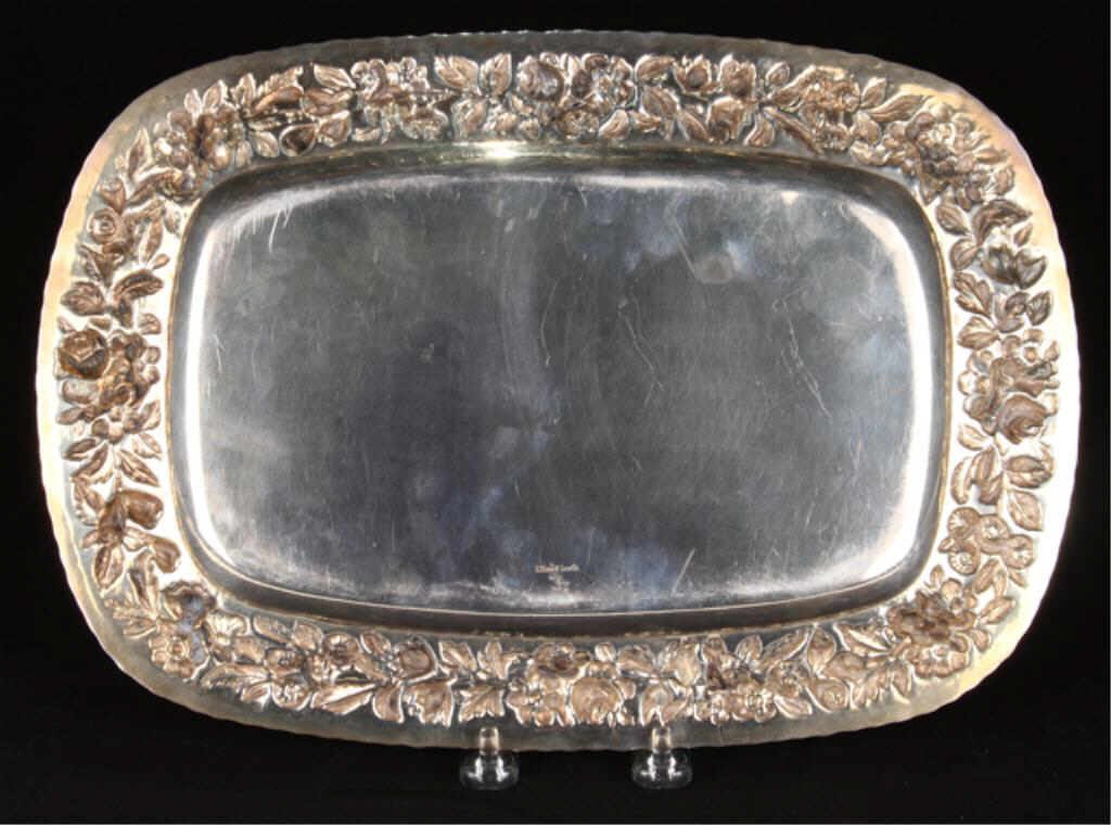 S. Kirk and Son Co. Repousse Sterling Silver Tray: Deeply hand chased flora motif border. 13 1/2 x 9 1/2 inches. (approx. 20.8 troy ounces) Condition: Good, light scratches, monogrammed