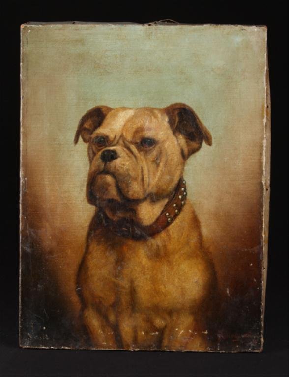 Jack Leigh Wardleworth (1863-1935): "Portrait of a Bull Dog" oil on canvas 16 x 12 inches. signed. unframed. Condition: Craquelure, stretcher marks, varnish discoloration, minor scuffs