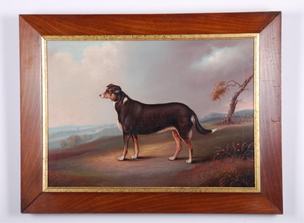 (19th c.) British School: "Dog Overlooking Valley with Sheep and Village" oil on canvas 13 1/2 x 18 1/2 inches. framed. unsigned. Condition: Good, lined, craquelure