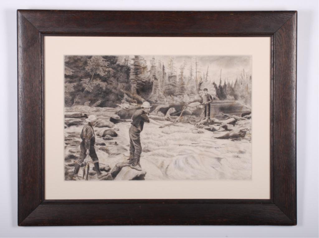 Arthur Fitzwilliam Tait (1819 - 1905): "Fly Fishing in a Woodland Stream" charcoal 14 x 21 1/2 inches. signed A.F.T. framed Condition: Good
