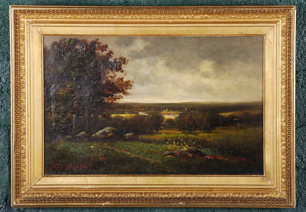 Scott Leighton (1849-1898): "Landscape with Distant Town" oil on canvas 9 x 14 inches. framed. signed Scott Leighton. Condition: Good, small crease lower center.