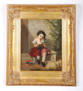 Elizabeth Jane (Gardner) Bouguereau (1837-1922): "Girl Playing with Kitten" oil on canvas 16 x 13 inches. framed. signed E.J. Gardner Paris 1867. "One of the first American women artists to break the female barrier at the Academie Julian in Paris, E