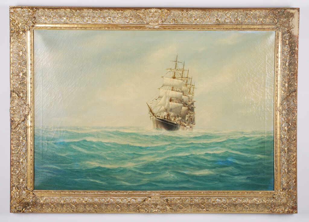 Jay Arnold (b.1890) Marine: "Shortening Sail" oil on canvas 24 x 36 inches. framed. Signed J. Arnold lower right, titled lower left. Condition: Craquelure, varnish discoloration. Mold to canvas verso