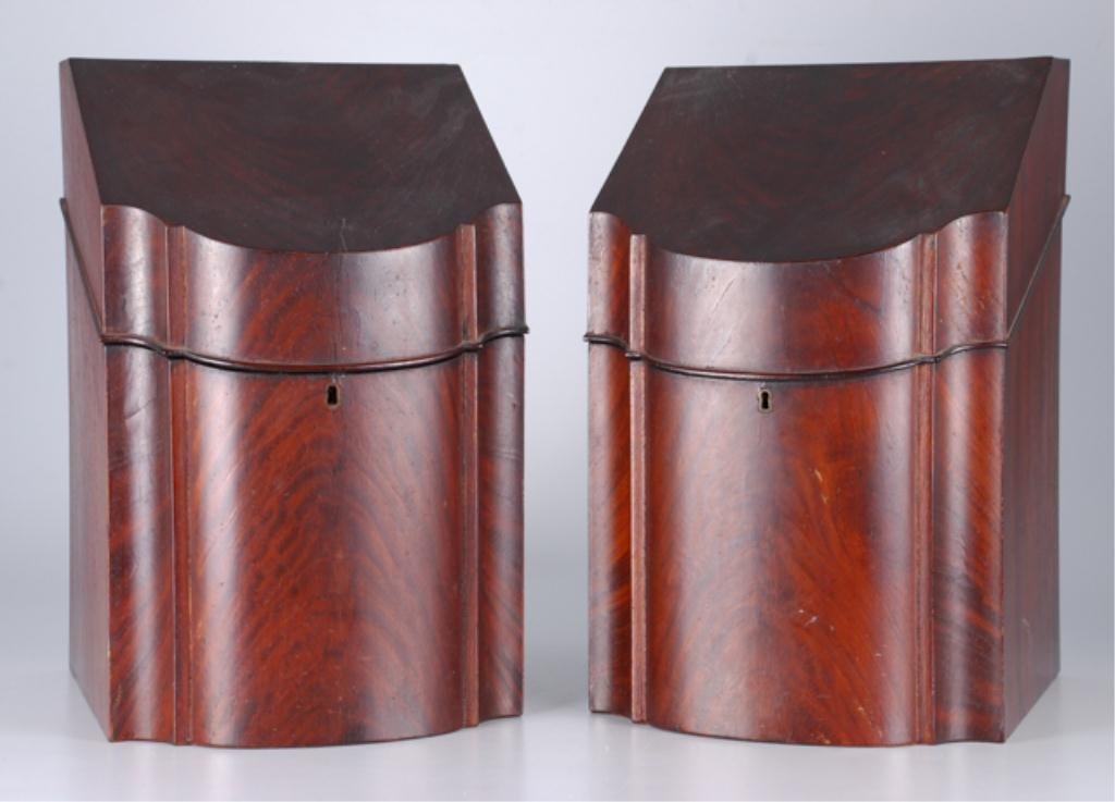 Pair of Federal Period Mahogany Knife Boxes: Crotch mahogany veneers. 15 x 9 1/2 x 11 inches. Condition: Good, age crack and surface grime/ splatter to top of (1)