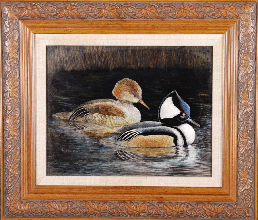Lillian Atherton (20th c.): "Pair of Hooded Mergansers" oil on clayboard 8 x 8 inches. framed. signed. Condition: Good