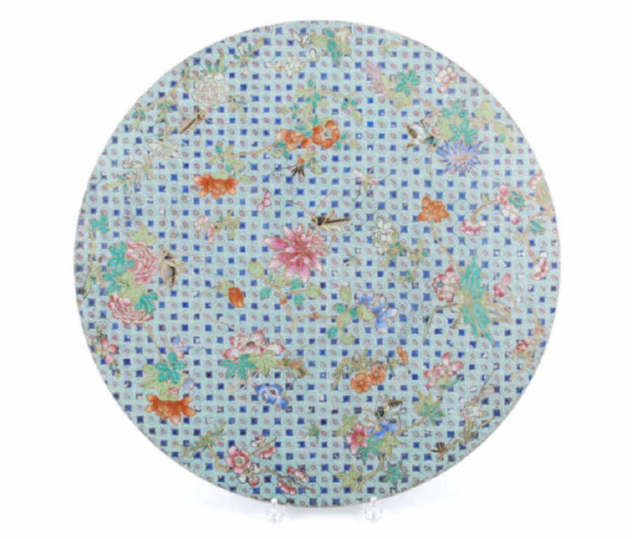 (late 18th c.) Round Asian Ceramic Tile Insert: Glazed with geometric field adorn with crickets, dragon flies and flowers outlined in gold. diameter 21 inches.