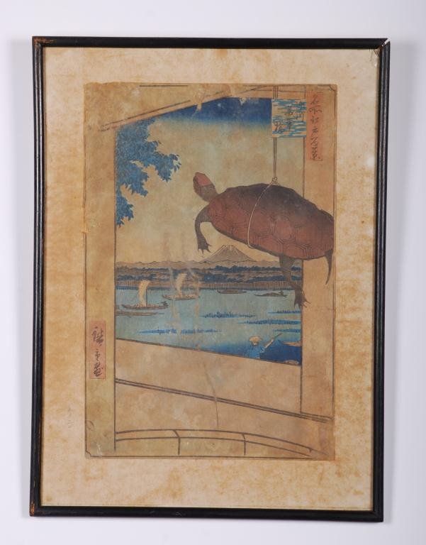 Hiroshige (1797 - 1858): Mannen Bridge, Fukagawa Series; One Hundred Famous Views of Edo. Meiji Era printing. Woodblock print. 13 1/4 x 7 3/4 inches. Condition: Fair-poor, not examined out of frame