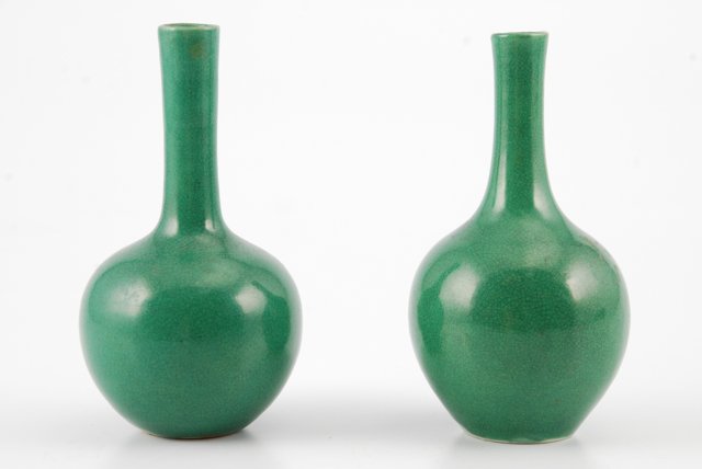 Pair of (19th c.) Miniature Chinese Bottle Vases: Long necked with minute craquelure which gives the glaze a shagreen appearance. height 5 inches. Condition: Good, imperfection to glaze to one of the vases (see photo 6)