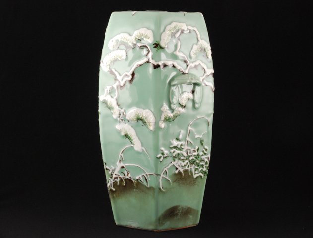(late 19th c.) Ceramic Celadon Garden Seat: Hexagonal garden seat with winter snow and bird motif. height 21 inches. Condition: Good