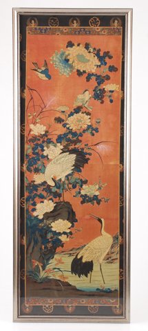 (19th/20th c.) Japanese Woodblock Print: "Diptych with Cranes in a Landscape" color wood block. 39 x 14 inches. Condition: Good, not examined out of frame.