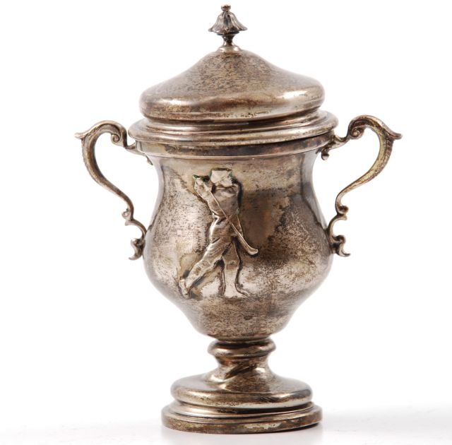 Edwardian Peiod Silver Golf Trophy Shanghi: Golf Trophy with applied golfer is hallmarked and engraved 1910 Shanghai, height 4 inches (approximately 2.2 troy ounces) and a
