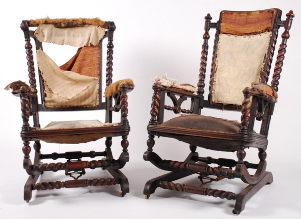 (2) Victorian Mahogany Platform Rocking Chairs: Coordinating his and her upholstered rocking chairs. 40 x 26 x 33 inches. Condition: In need of upholstery