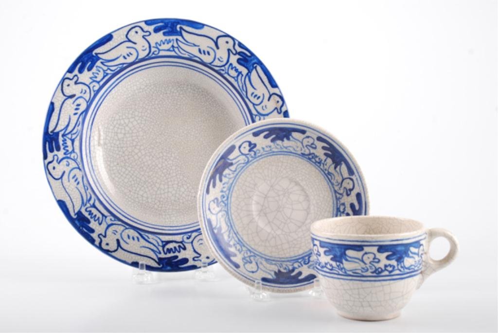(3) Pieces of Dedham Pottery with Swimming Ducks: Crackleware including: 9 1/4 inch chowder bowl marked with insignia and stamped. Together with a cup and saucer marked with registered insignia.