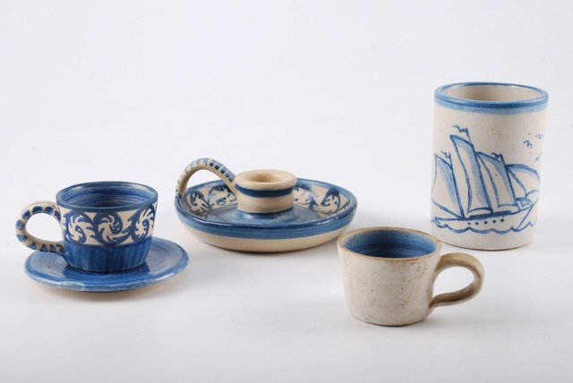 (5) Pieces of Signed Dorchester Pottery: Including: 4 3/4 inch mug, (2) cups signed C.A.H. , (1) coaster signed C.A.H. and (1) 6 inch diameter chamber finger lamp signed "Dorchester Stoneware C.A.H. N. Ricci fecit. Condition: Mug handle brok