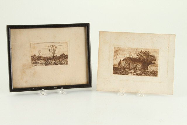 (2) Etchings by Arthur Wesley Dow (1857-1922): "Landscape with River and Trees" etching 2 1/4 x 3 3/4 inches. framed. signed in print A.W.Dow May '84 and in ink verso, "Homestead" etching 2 3/4 x 4 1/2 inches signed A.W.D. inprint. Condition: Toni