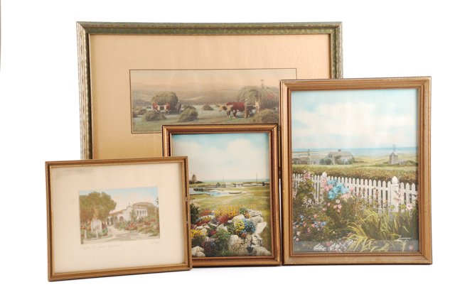 (4) Sawyer Hand Colored Photographs: Including: "Among the New England Hills", "Joseph Lincoln's Garden", "A Rock Garden, Cape Cod" and "Chapel San Juan Capistrano" 13 x 10 inches (and smaller) Condition: Good, toning to NE Hills and Cha