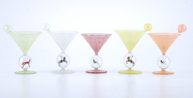 (5) Vintage Hand-Blown Martini Glasses: Spiral twisted glass with hand made glass animals encapsulated in a spherical stem. (4) glass stirrers. height 4 1/2 inches Condition: Good