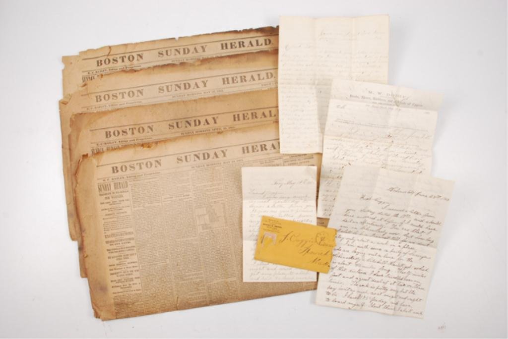 (4) Civil War Era Letters: (4) Letters dating from 1863-1865 with eyewitness accounts of Lincoln in Albany, family members at war, Jefferson Davis, Frederick Douglass etc. Together with (3) Boston Sunday Globe News papers datin