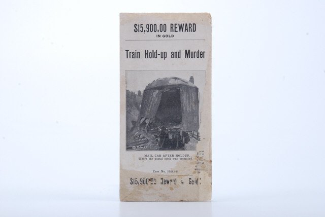 "Train Hold-up and Murder" 1923 Pamphlet: $15,900 Reward in Gold! 9 page accordion fold-out pamphlet which tells the story of the train robbery on October 11, 1923. United States Post Office. Condition: Loss to edge of (1) page. soiling